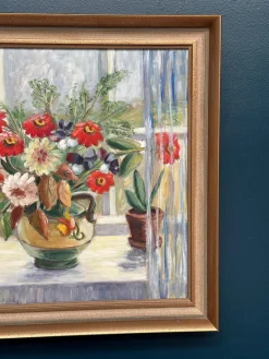 Gerda Tougaard, Blumenstillleben, 1960er, Öl auf Holz, gerahmt