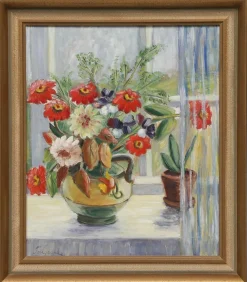 Gerda Tougaard, Blumenstillleben, 1960er, Öl auf Holz, gerahmt