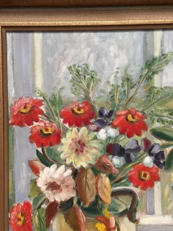 Gerda Tougaard, Blumenstillleben, 1960er, Öl auf Holz, gerahmt
