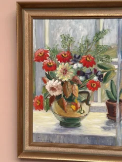 Gerda Tougaard, Blumenstillleben, 1960er, Öl auf Holz, gerahmt