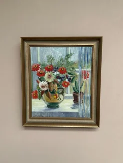 Gerda Tougaard, Blumenstillleben, 1960er, Öl auf Holz, gerahmt