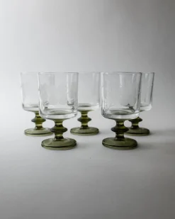 Geätzte Florale Vintage Weingläser mit Olivgrünen Stielen, 5er Set