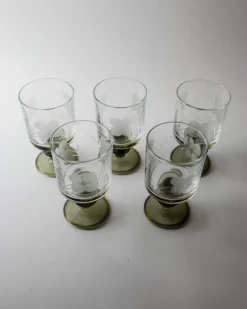 Geätzte Florale Vintage Weingläser mit Olivgrünen Stielen, 5er Set