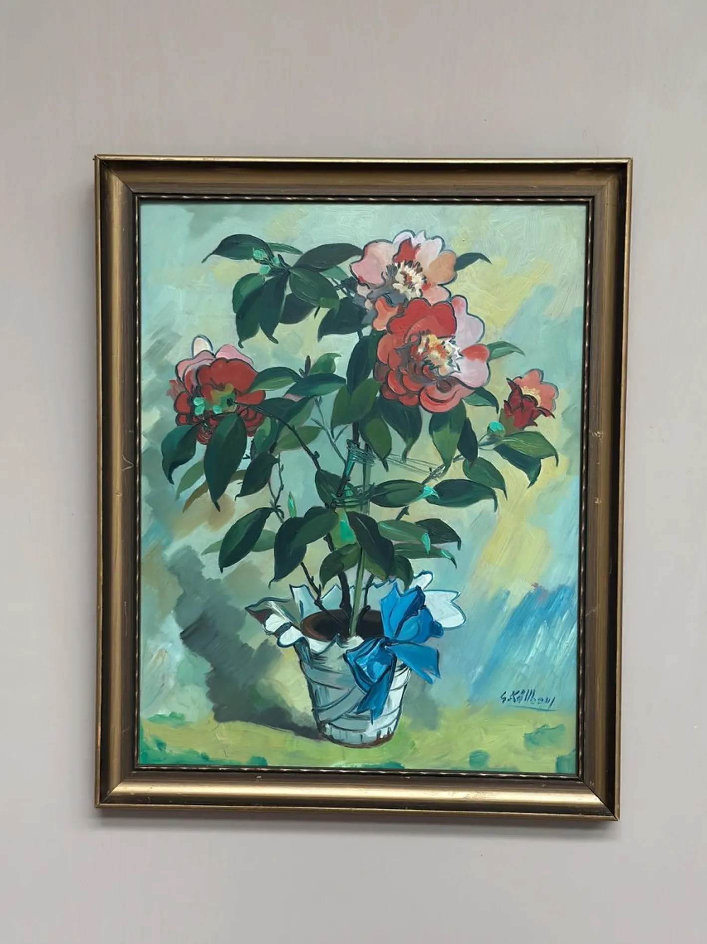 G. Källbom, Flower Motif in Pot, 1960s, Oil on Panel, Framed