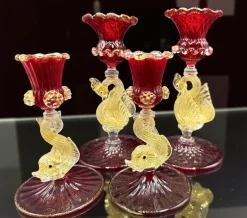 Goldene Fisch & Rubin Tassen Kerzenhalter aus Murano Glas, 1960er, 4 . Set
