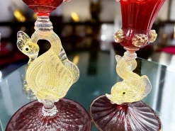 Goldene Fisch & Rubin Tassen Kerzenhalter aus Murano Glas, 1960er, 4 . Set