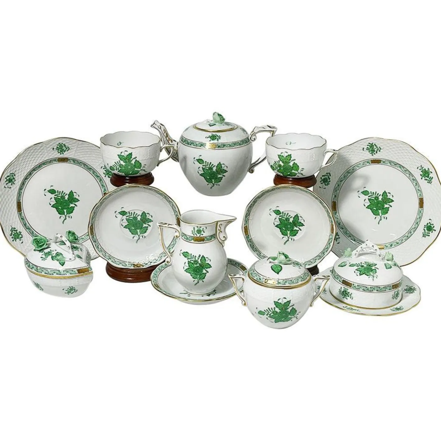 Grünes Apponyi Teeservice aus grünem Porzellan von Herend Hungary, 10er Set