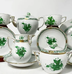 Grünes Apponyi Teeservice aus grünem Porzellan von Herend Hungary, 10er Set