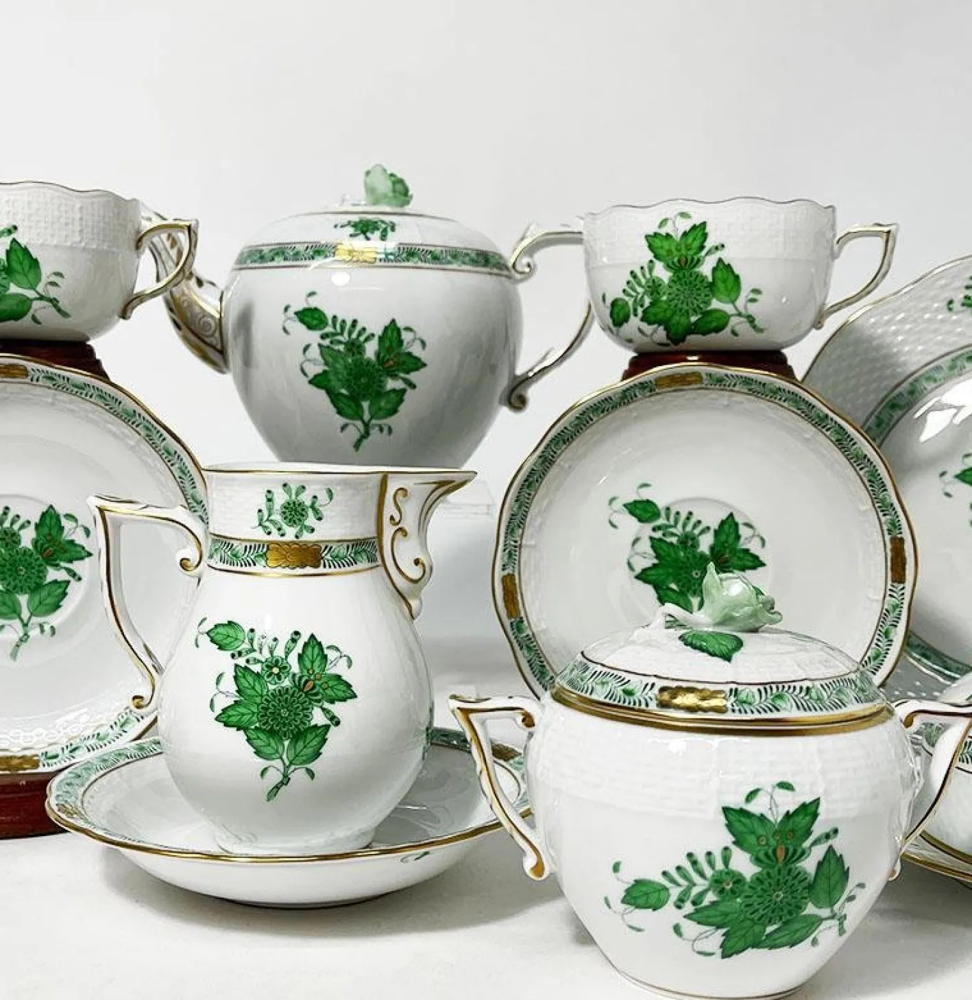 Grünes Apponyi Teeservice aus grünem Porzellan von Herend Hungary, 10er Set
