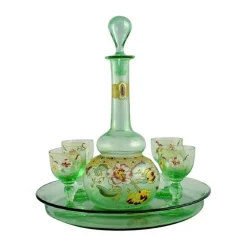 Grünes Cabarat Cigogne Likörset aus mundgeblasenem Kunstglas von Legras, Frankreich, 6er Set
