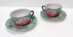 Grüne Tee- oder Kaffeetassen aus Steingut mit Blumenmotiven von Zaccagnini, 1940er, 4er Set