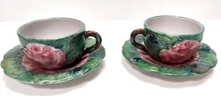 Grüne Tee- oder Kaffeetassen aus Steingut mit Blumenmotiven von Zaccagnini, 1940er, 4er Set