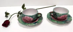 Grüne Tee- oder Kaffeetassen aus Steingut mit Blumenmotiven von Zaccagnini, 1940er, 4er Set