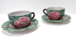 Grüne Tee- oder Kaffeetassen aus Steingut mit Blumenmotiven von Zaccagnini, 1940er, 4er Set