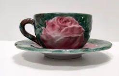 Grüne Tee- oder Kaffeetassen aus Steingut mit Blumenmotiven von Zaccagnini, 1940er, 4er Set