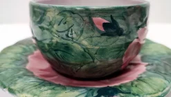 Grüne Tee- oder Kaffeetassen aus Steingut mit Blumenmotiven von Zaccagnini, 1940er, 4er Set