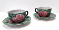 Grüne Tee- oder Kaffeetassen aus Steingut mit Blumenmotiven von Zaccagnini, 1940er, 4er Set