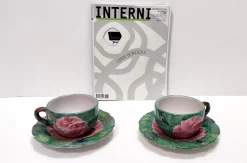 Grüne Tee- oder Kaffeetassen aus Steingut mit Blumenmotiven von Zaccagnini, 1940er, 4er Set