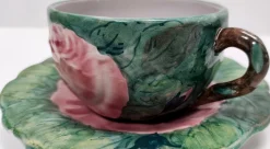 Grüne Tee- oder Kaffeetassen aus Steingut mit Blumenmotiven von Zaccagnini, 1940er, 4er Set