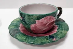 Grüne Tee- oder Kaffeetassen aus Steingut mit Blumenmotiven von Zaccagnini, 1940er, 4er Set