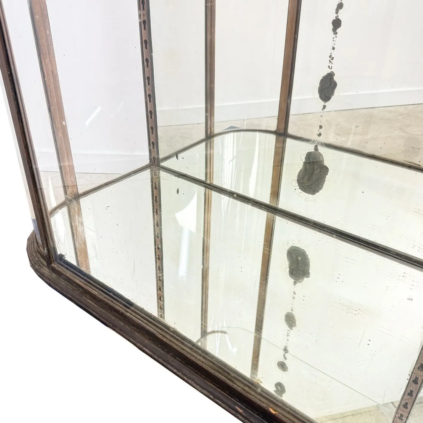 Große antike Museumsvitrine aus Metall mit gebogenem Glas, 1890er