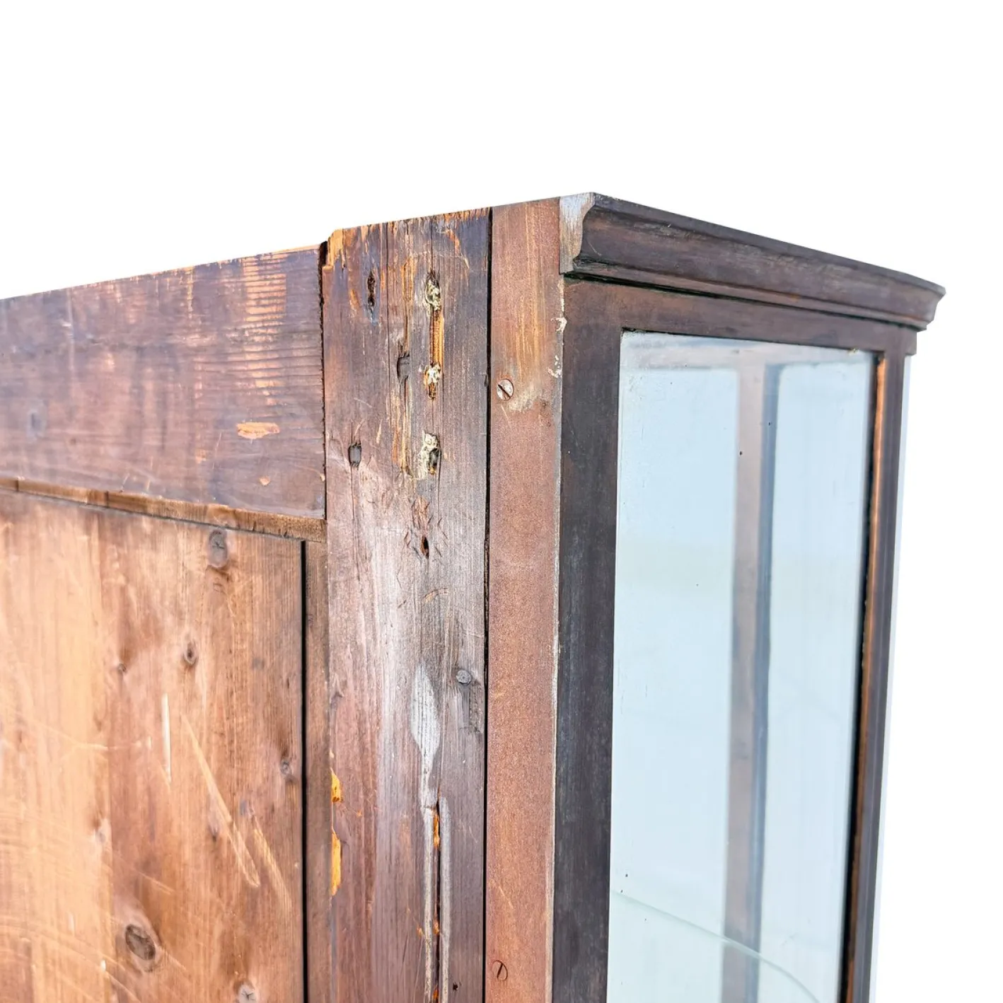 Große antike Museumsvitrine aus Metall mit gebogenem Glas, 1890er