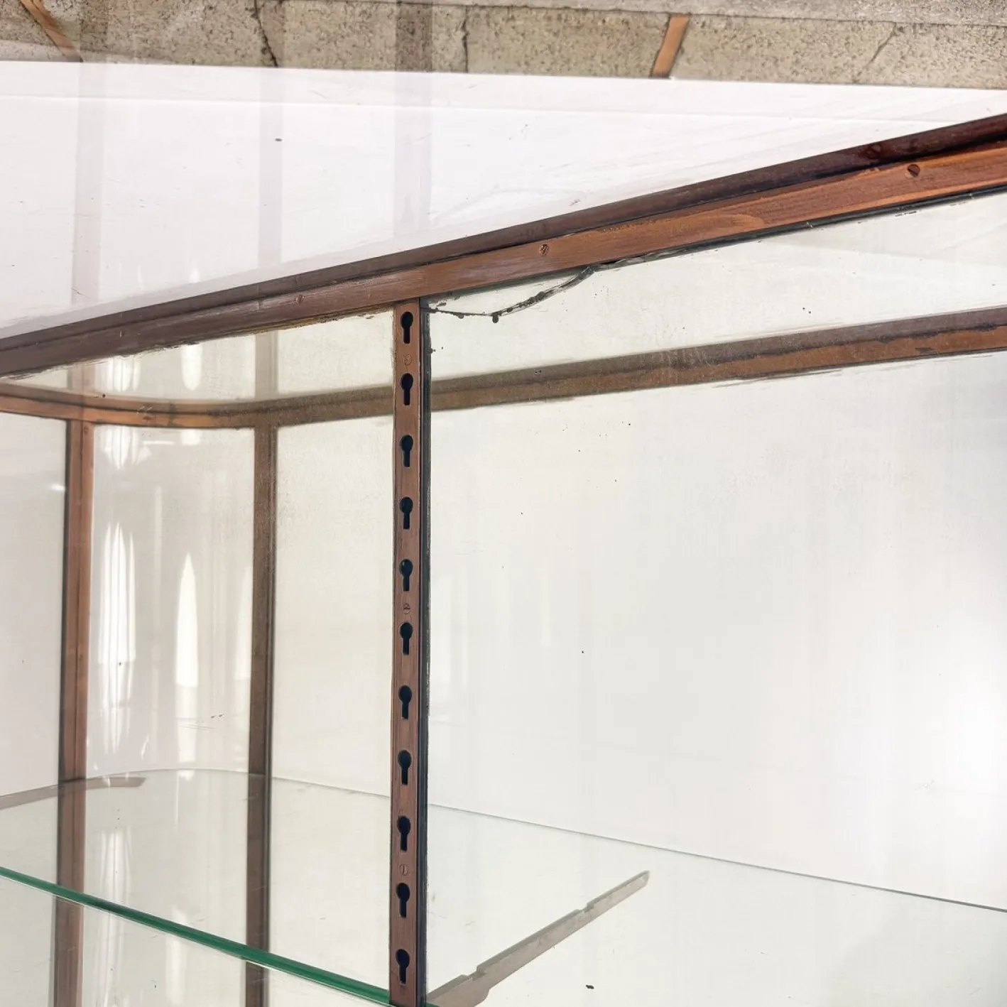 Große antike Museumsvitrine aus Metall mit gebogenem Glas, 1890er
