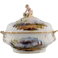 Große antike Terrine mit Deckel aus handbemaltem Porzellan von Meissen
