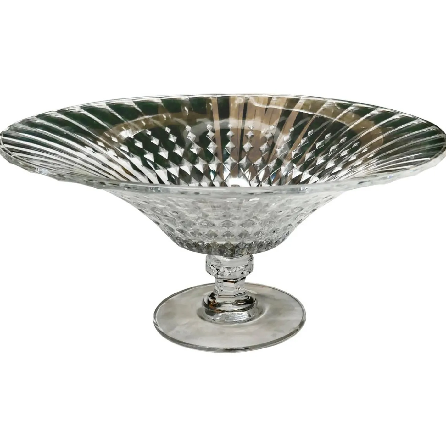 Große Französische Tazza Obstschale aus Kristallglas mit Rautenmuster, 1950er