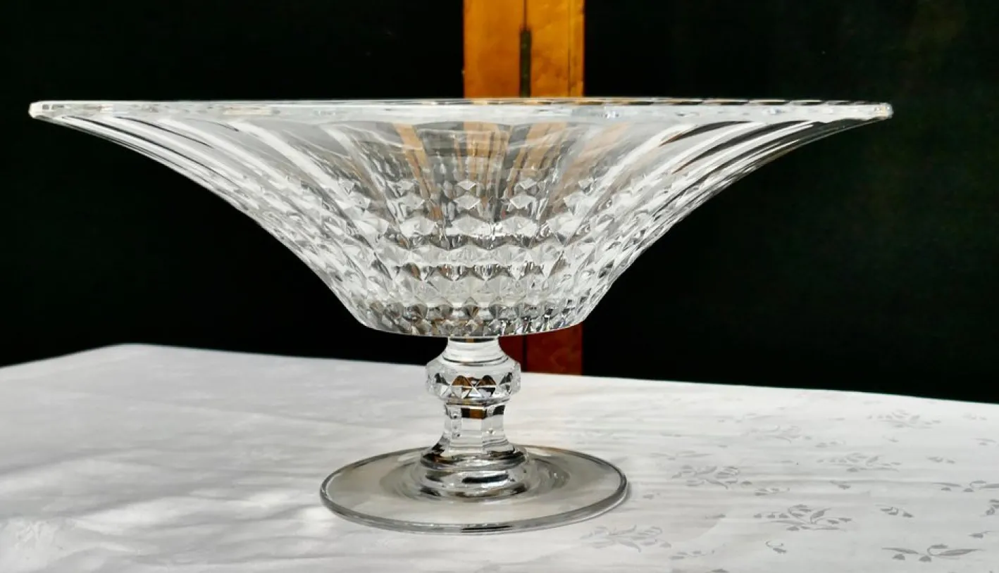 Große Französische Tazza Obstschale aus Kristallglas mit Rautenmuster, 1950er