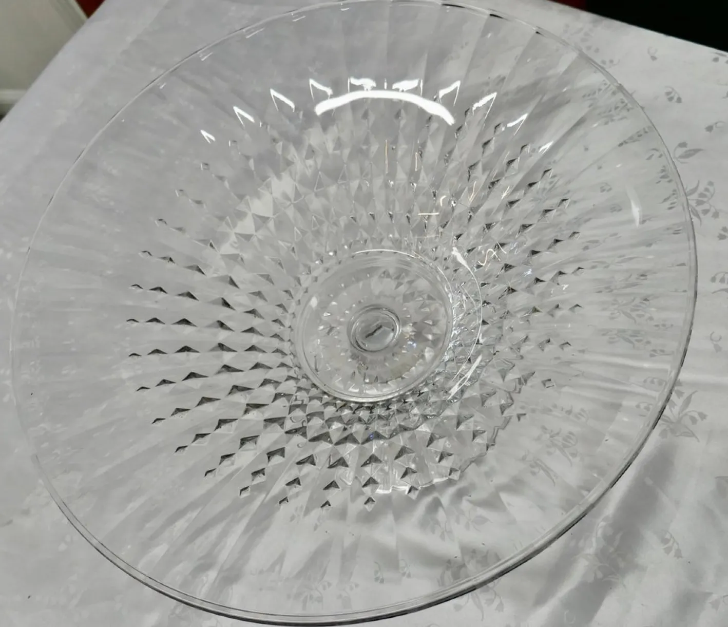 Große Französische Tazza Obstschale aus Kristallglas mit Rautenmuster, 1950er