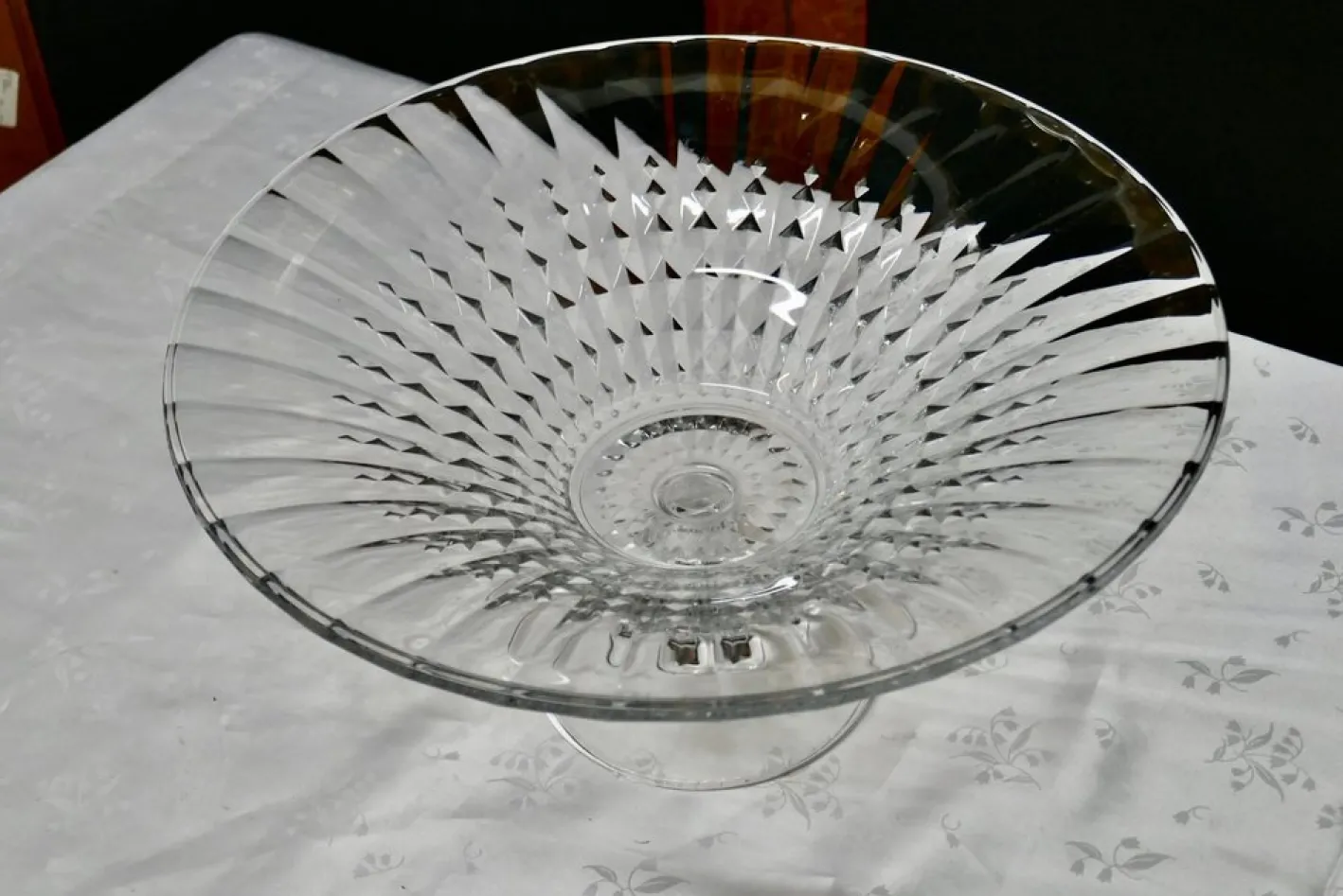 Große Französische Tazza Obstschale aus Kristallglas mit Rautenmuster, 1950er