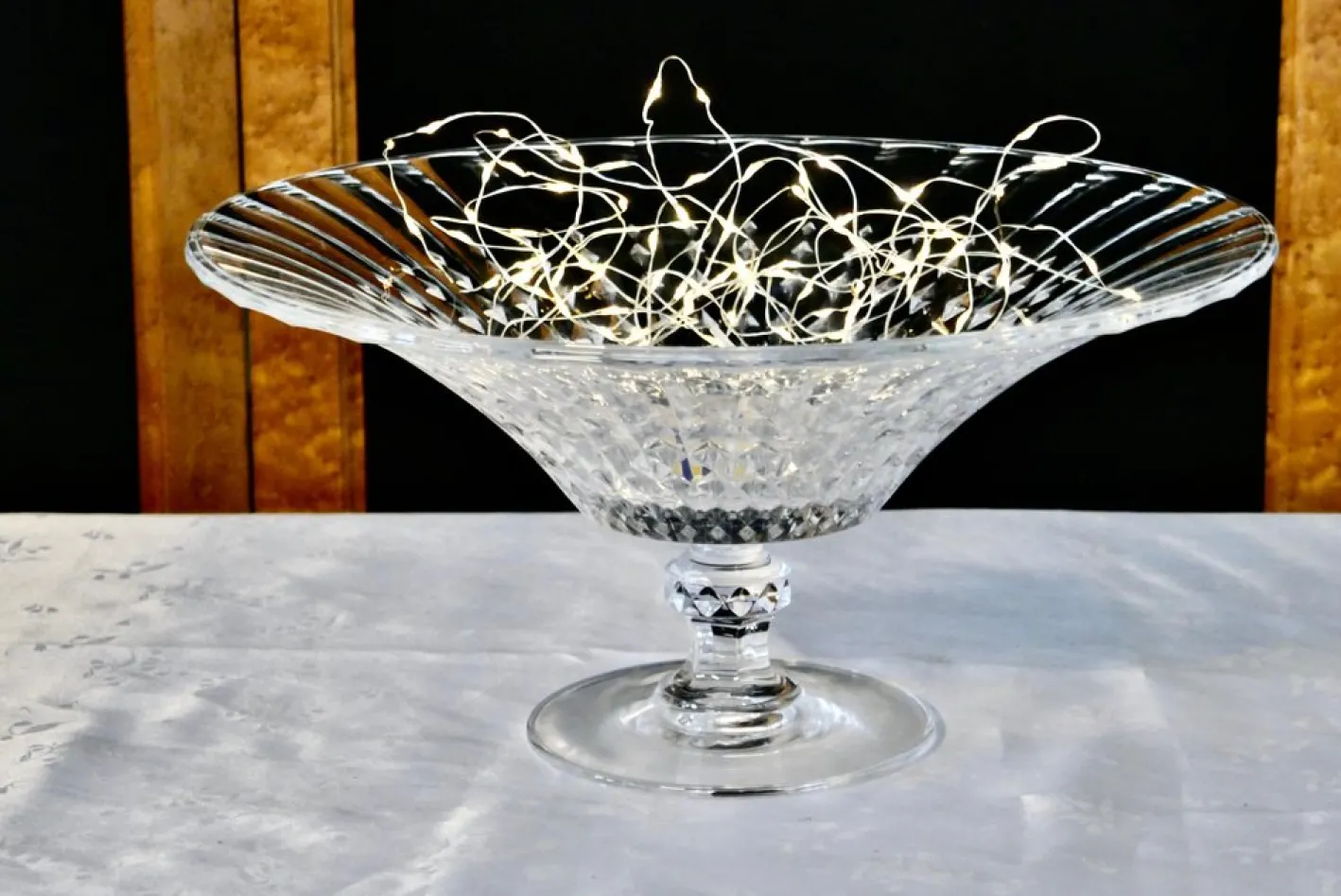 Große Französische Tazza Obstschale aus Kristallglas mit Rautenmuster, 1950er