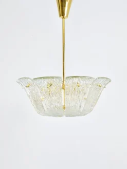 Große Geschwungene Vintage Korblampe aus Messing & Strukturglas von JT Kalmar für Kalmar, Vienna, 1950