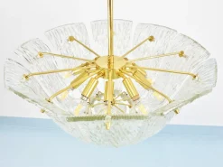Große Geschwungene Vintage Korblampe aus Messing & Strukturglas von JT Kalmar für Kalmar, Vienna, 1950