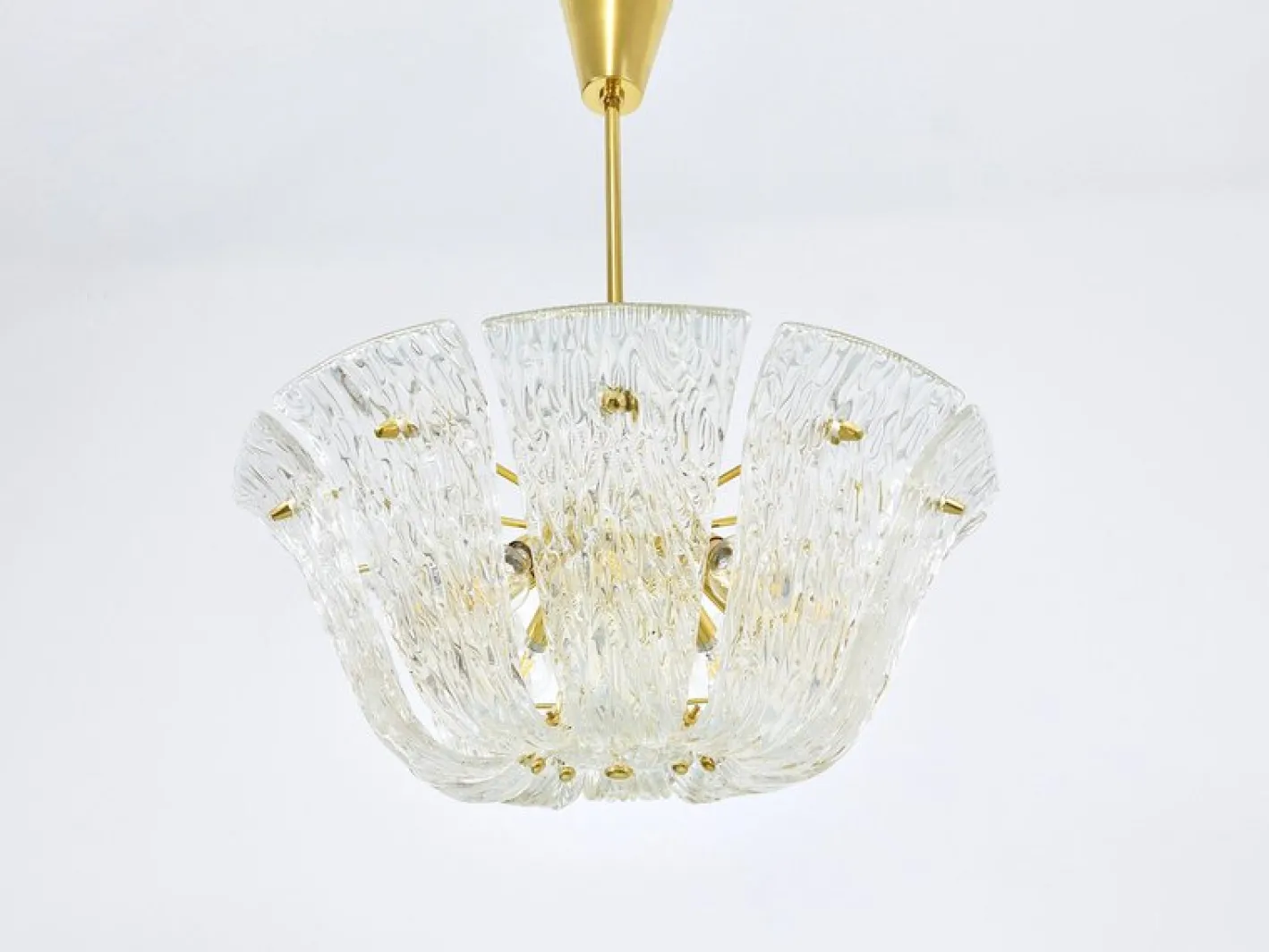 Große Geschwungene Vintage Korblampe aus Messing & Strukturglas von JT Kalmar für Kalmar, Vienna, 1950