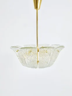 Große Geschwungene Vintage Korblampe aus Messing & Strukturglas von JT Kalmar für Kalmar, Vienna, 1950