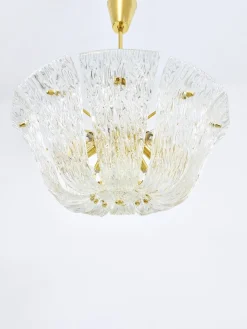 Große Geschwungene Vintage Korblampe aus Messing & Strukturglas von JT Kalmar für Kalmar, Vienna, 1950