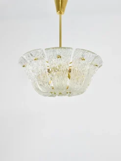 Große Geschwungene Vintage Korblampe aus Messing & Strukturglas von JT Kalmar für Kalmar, Vienna, 1950