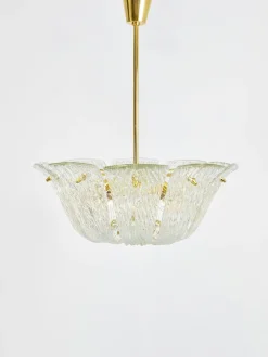 Große Geschwungene Vintage Korblampe aus Messing & Strukturglas von JT Kalmar für Kalmar, Vienna, 1950