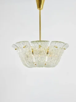 Große Geschwungene Vintage Korblampe aus Messing & Strukturglas von JT Kalmar für Kalmar, Vienna, 1950