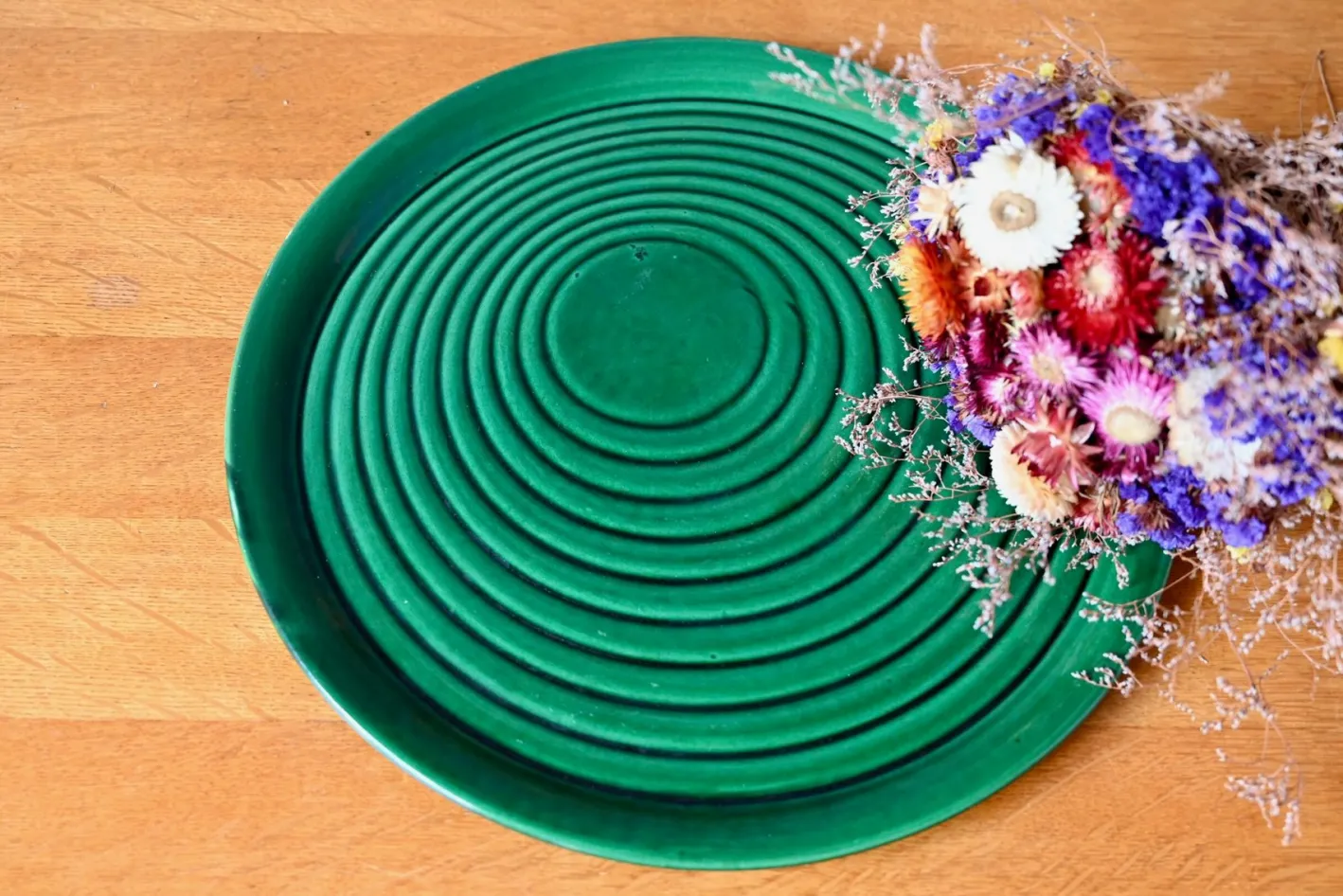 Große grüne Vintage Keramik Kuchenform, 1950