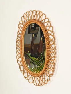 Großer ovaler Spiegel aus Bambus, Rattan & Korbgeflecht von Franco Albini, Italien, 1970er