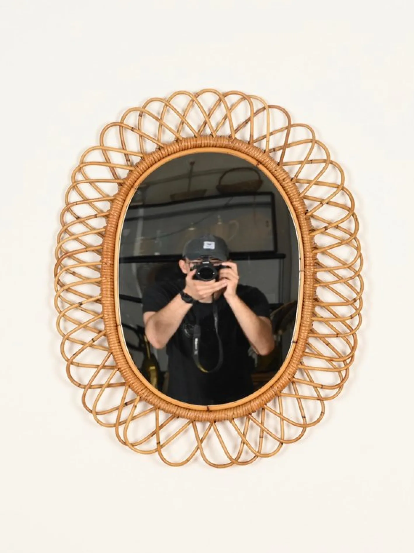 Großer ovaler Spiegel aus Bambus, Rattan & Korbgeflecht von Franco Albini, Italien, 1970er