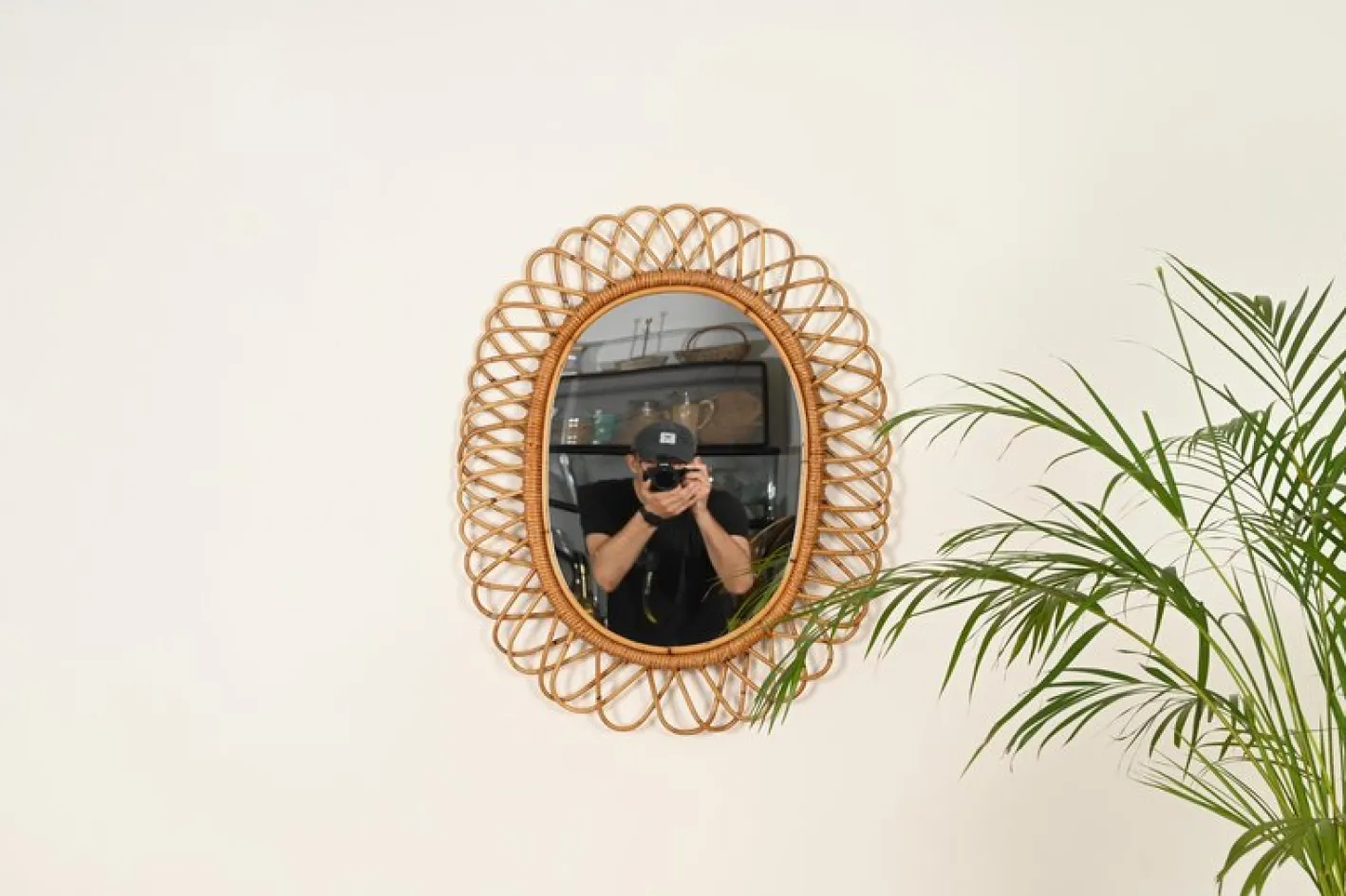 Großer ovaler Spiegel aus Bambus, Rattan & Korbgeflecht von Franco Albini, Italien, 1970er