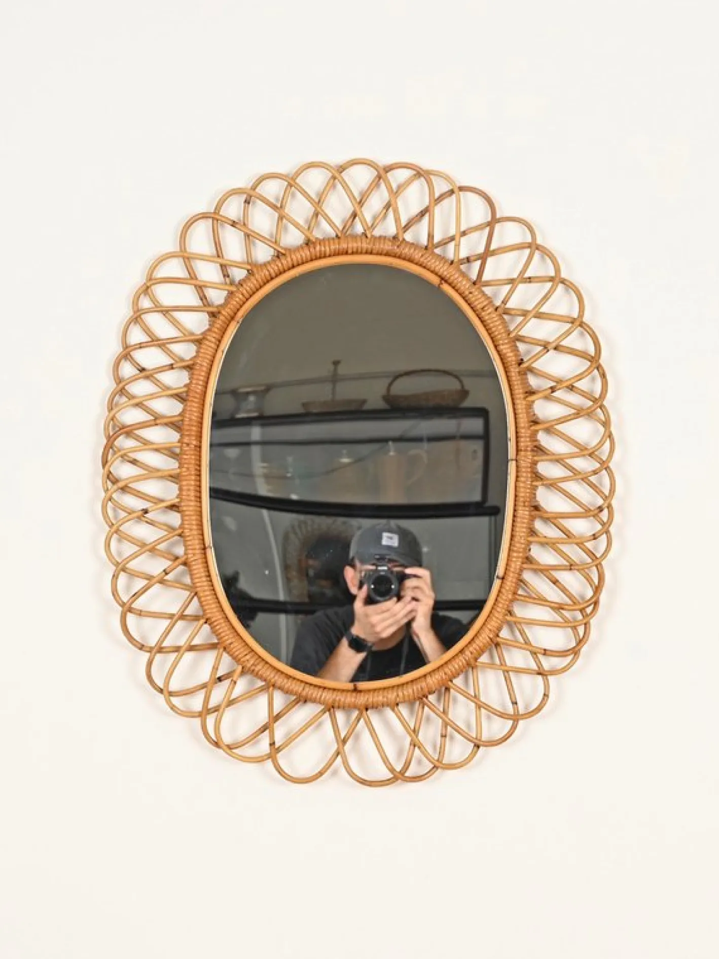 Großer ovaler Spiegel aus Bambus, Rattan & Korbgeflecht von Franco Albini, Italien, 1970er
