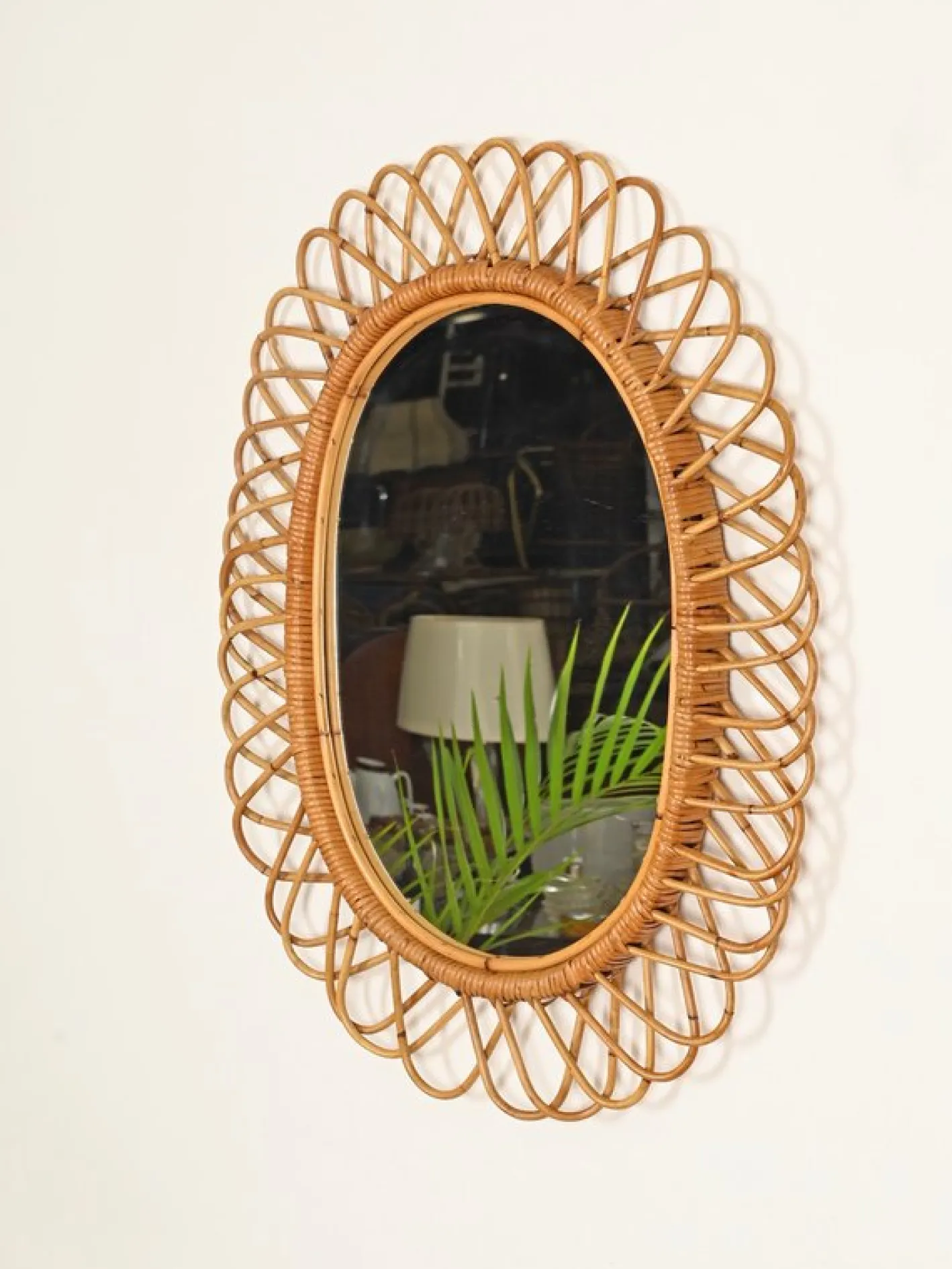 Großer ovaler Spiegel aus Bambus, Rattan & Korbgeflecht von Franco Albini, Italien, 1970er