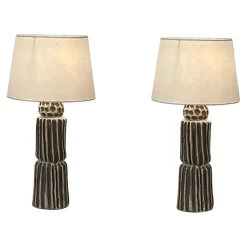 Große Sillons Keramik Lampen mit Pergament Lampenschirmen von Atelier Cabanel, 2er Set