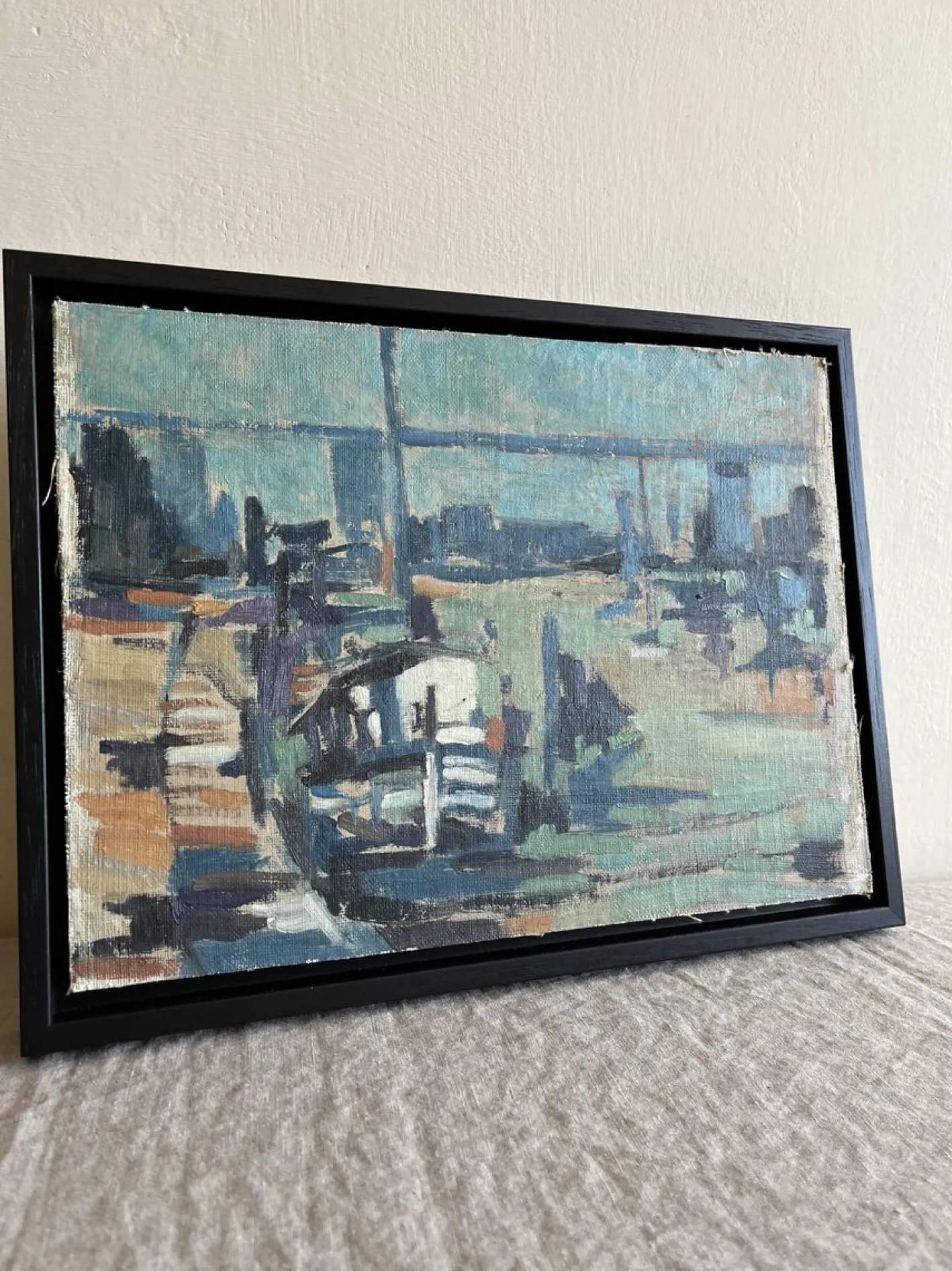 Hafen, 1960er, Ölgemälde an Bord, gerahmt