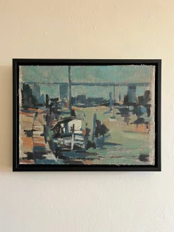 Hafen, 1960er, Ölgemälde an Bord, gerahmt